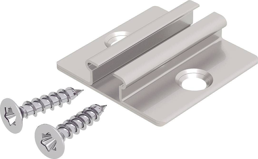 Metallmontageklammer mit zwei Schrauben, dargestellt in einer produktstil-3D-Illustration.