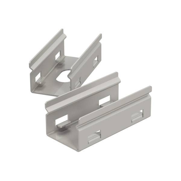 Zwei silberne Metallbefestigungen in L-Form für Montagezwecke, mit Schlitzen für Schrauben. Geeignet für industrielle Anwendungen.