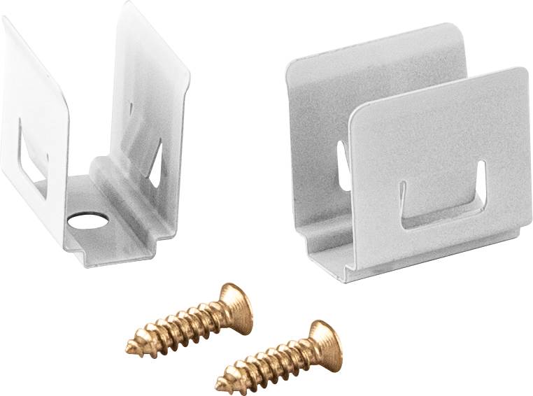 Metallmontageklammer-Halterung, die in zwei Ansichten mit zwei Schrauben dargestellt ist, wahrscheinlich Hardware zum Befestigen eines Panels oder Geräts.