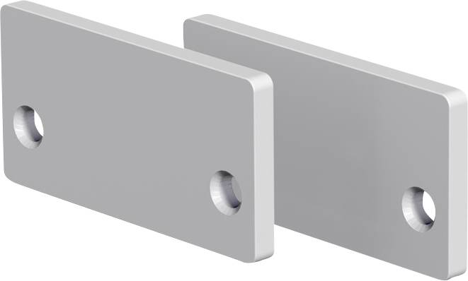 Zwei graue Metallrechteckplatten mit abgerundeten Ecken und Bohrungen, perspektivisch versetzt auf weißem Hintergrund dargestellt.