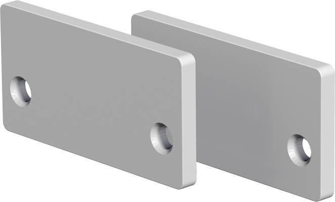 Zwei sich überlappende rechteckige Metallplatten mit abgerundeten Ecken, jede mit einem kreisförmigen Loch in der Nähe eines Endes.