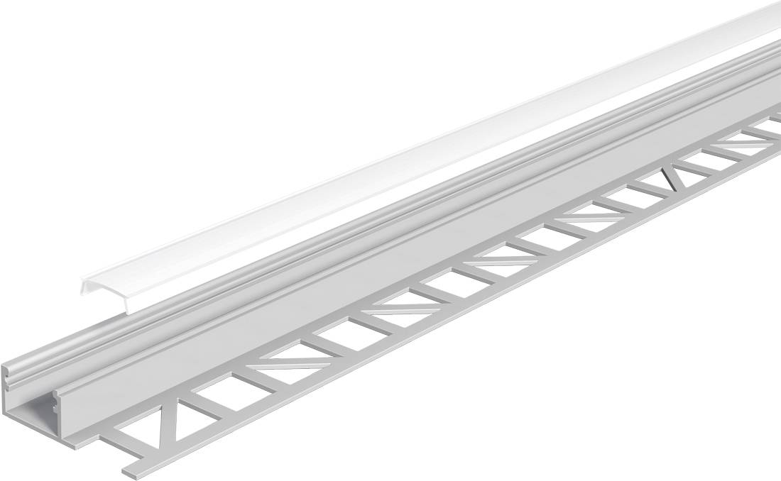 Metallische Kantenbeschlag mit integriertem perforiertem Flansch, in einer diagonalen Produktansicht auf weißem Hintergrund.