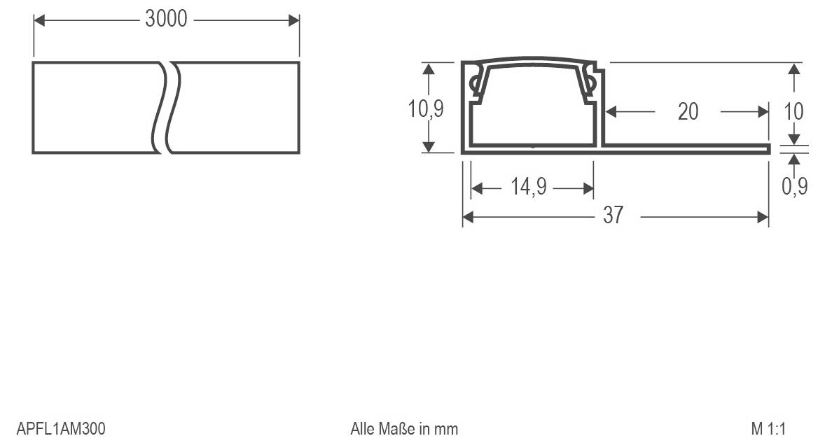 Technische Maßzeichnung eines gespaltenen rechteckigen Profils, das eine Länge von 3000 mm und Querschnittsmessungen von 37 mm Breite, 10,9 mm Höhe, 14,9 mm innere Breite, 20 mm Versatz und 0,9 mm Basisdicke zeigt.