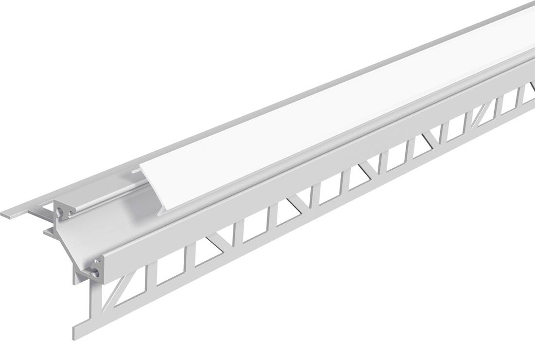 Weiße Aluminium-Eckleiste mit perforiertem Flansch und abgewinkelter Abdeckung, verwendet zum Abschluss und Schutz einer Bauteilkante.