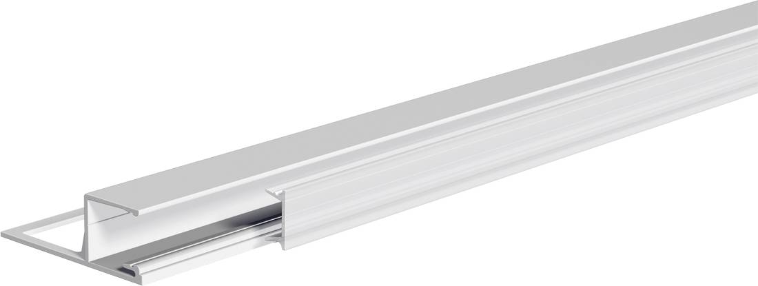 Transparente lineare Leuchtstofffdiffusor auf einem Metall-Montageschiene, in Perspektive auf weißem Hintergrund dargestellt.