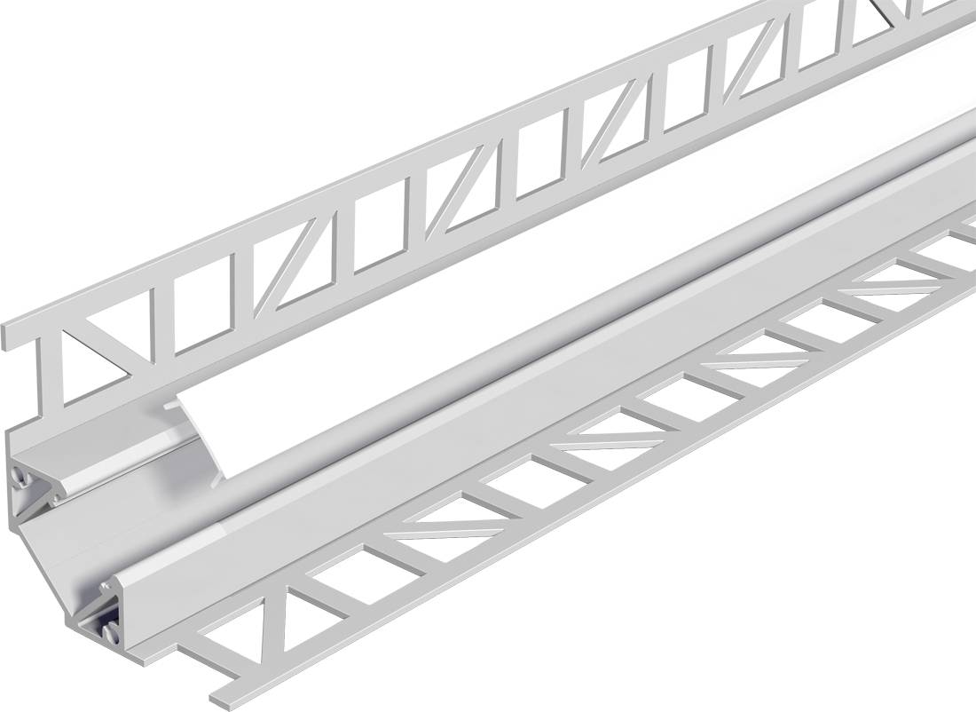 3D-Render einer Metallschiene oder eines Kanals mit einem langen weißen Streifen im Inneren, dargestellt in Perspektive vor weißem Hintergrund.