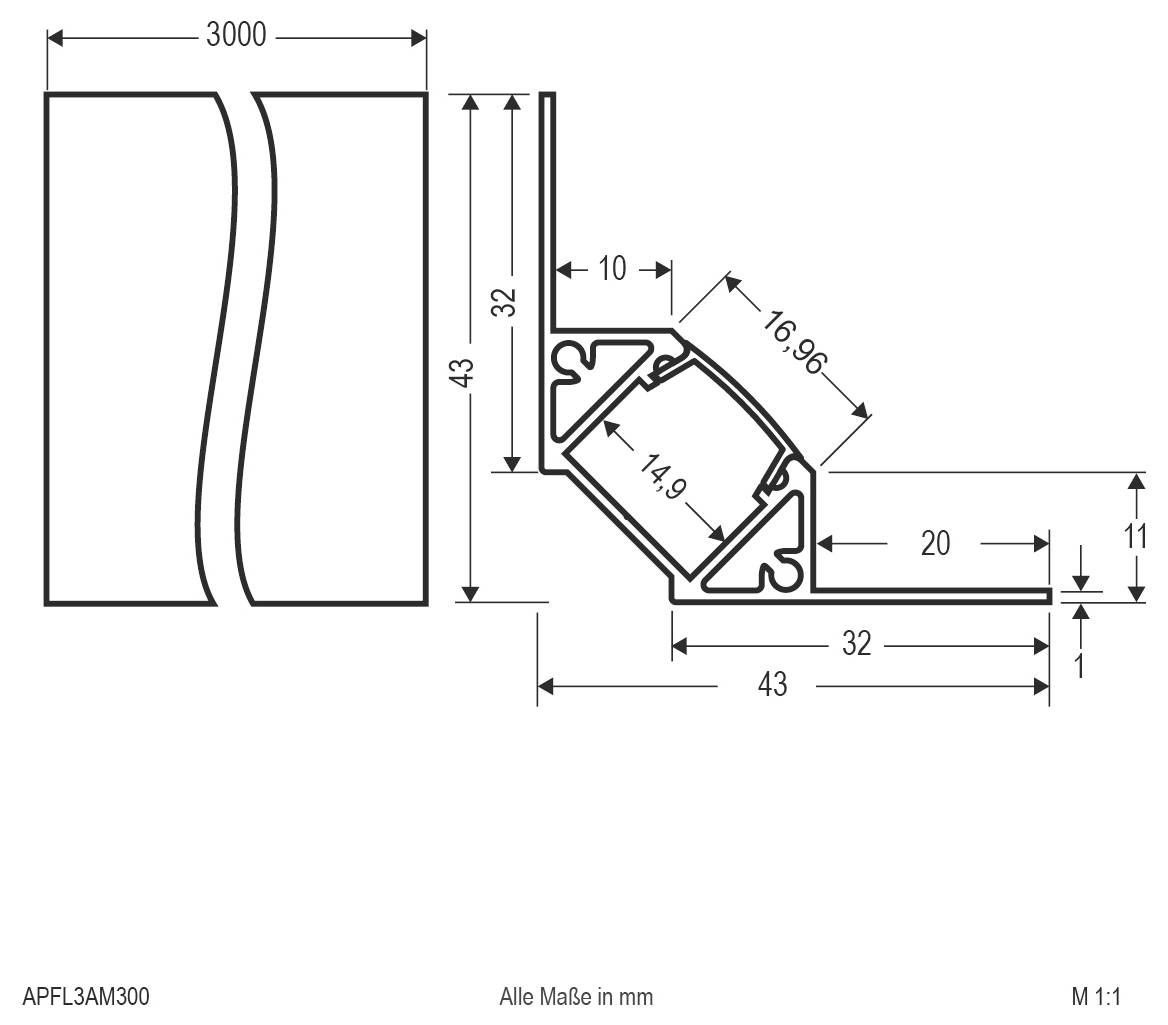 Technische Maßzeichnung eines gebogenen Aluminiumprofils/Griffs, dargestellt in Vorder- und Querschnittsansicht mit Abmessungen in Millimetern, einschließlich 3000 mm Länge und 43 x 32 mm Profilabmessungen.