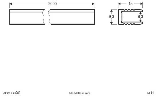 Technische Zeichnung eines geschlitzten Metallprofils mit einer Länge von 2000 mm und Querschnittabmessungen von 15 mm Breite, 9,3 mm Höhe, 6,3 mm Innenhöhe.