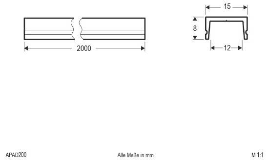 Technische Zeichnung eines Metallprofils mit einer Länge von 2000 mm und Querschnittsabmessungen von 15 mm Breite, 8 mm Höhe und 12 mm innerer Breite, alle in mm.