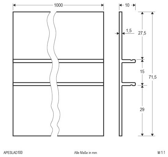 Technische Zeichnung einer rechteckigen Platte, 1000 mm breit, dargestellt in Vorder- und Seitenansicht mit Schnittunterbrechungen und Abmessungen in Millimetern.