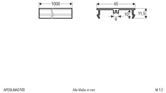 Technische Zeichnung eines 1000 mm langen Profils mit Querschnittsabmessungen von 45 mm Breite, 11,5 mm Höhe und 6/10 mm Details, alle Abmessungen in mm gekennzeichnet.