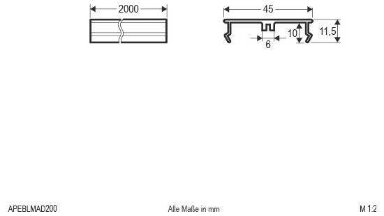 Technische Maßzeichnung eines 2000 mm langen Profils, das einen 45 mm breiten Querschnitt mit 6 mm und 10 mm Merkmalen und 11,5 mm Höhe zeigt, Maßstab 1:2.