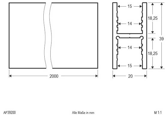 Technische Zeichnung eines geteilten rechteckigen Panels und seines Querschnitts, mit Abmessungen in Millimetern beschriftet: 2000 breit, 20 dick und 39 hoch.