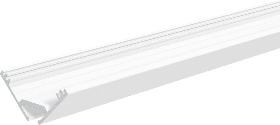 Lange weiße lineare LED-Leuchte auf einfachem weißem Hintergrund, perspektivisch dargestellt mit Befestigungsklammern an einem Ende.