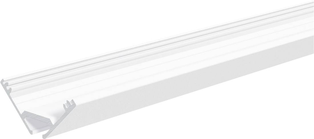 Weiße Kunststoff-Leuchtstofflampen-Diffusorblende, diagonal auf weißem Hintergrund fotografiert, mit Befestigungsclips an einem Ende.