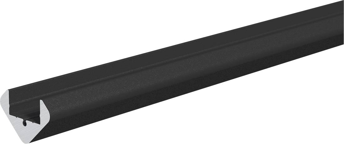 Schwarze Metallkammdachblende mit V-förmigem Kanal und weißer Rantkante, dargestellt vor einfachem Hintergrund.