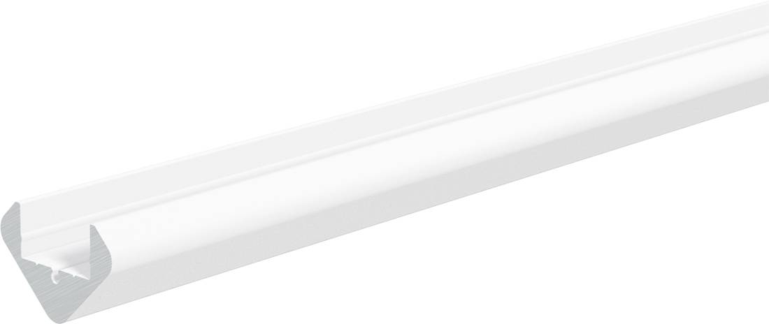 Ein langer, durchscheinender weißer 3D-Pfeil oder Chevron-Form erstreckt sich diagonal über einen weißen Hintergrund.