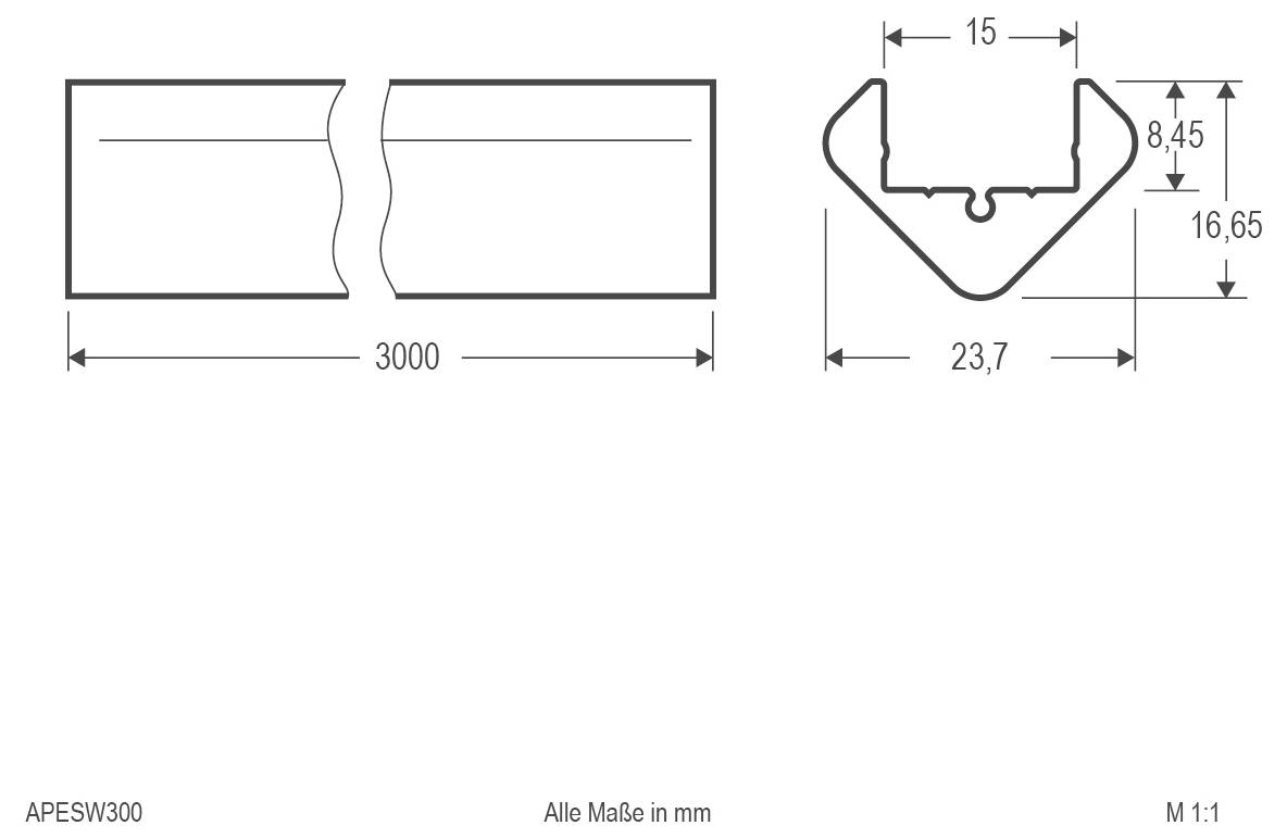Technische Zeichnung eines 3000 mm langen Profils mit Querschnittsansicht und Schlüsseldimensionen: 15, 8,45, 16,65 und 23,7 mm; alle Messwerte in Millimetern.