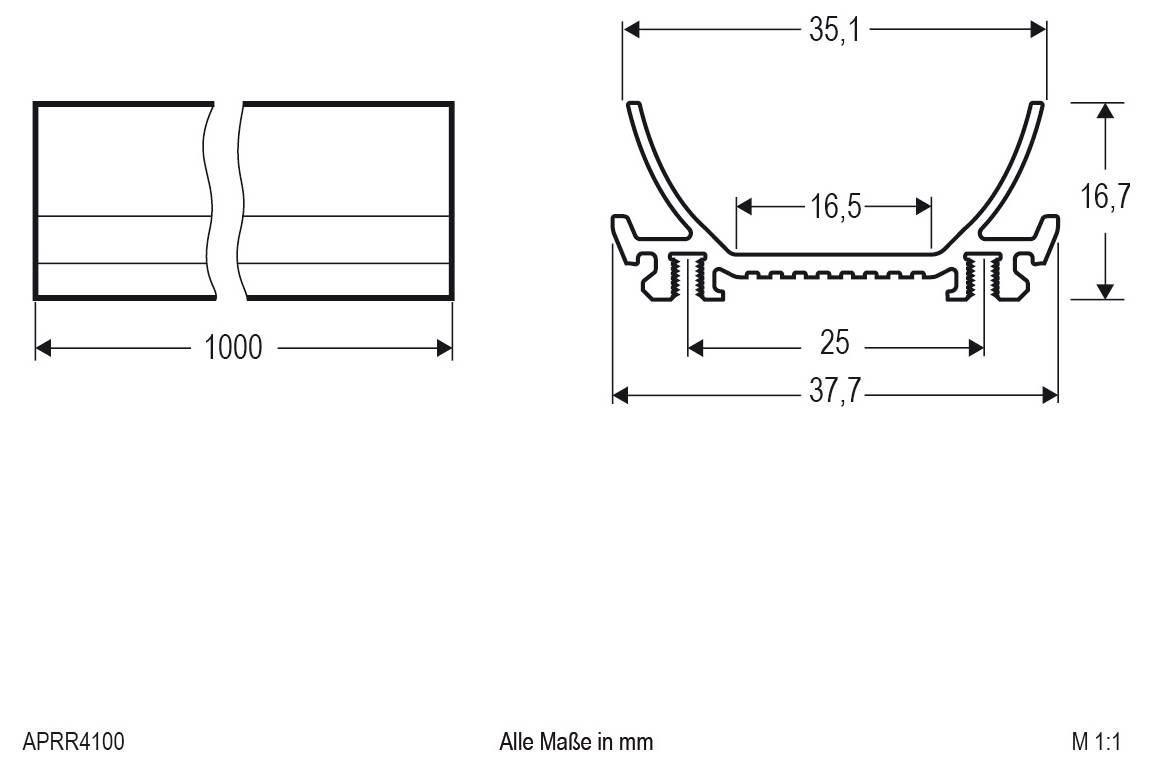 Technische Maßzeichnung eines Splitprofils: 1000 mm Gesamtlänge und Querschnittmessungen 35,1, 16,5, 16,7, 25 und 37,7 mm, alle Abmessungen in Millimetern beschriftet.