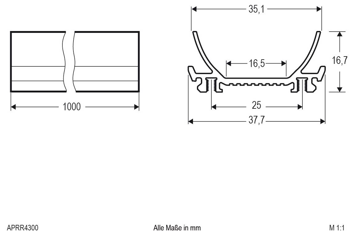 Technische Maßzeichnung einer Leuchte/eines Profils mit Vorder- und Querschnittsansicht mit Maßangaben in Millimetern: 1000 breit, 35,1 obere Breite, 16,5 innere Breite, 25 Basis, 37,7 Gesamtbreite, 16,7 Höhe.