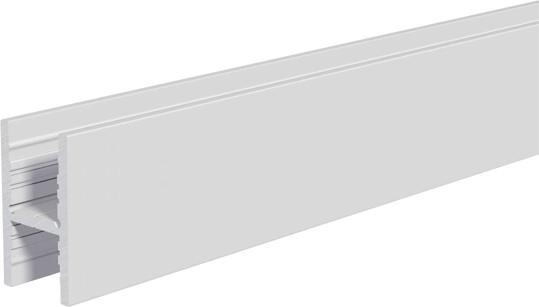 Graues Metallmontagebracket mit zwei Schraubenlöchern, dargestellt mit zwei passenden Schrauben zur Installation.