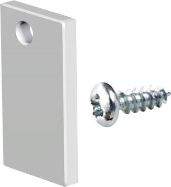 Schwarze rechteckige Montageplatte mit zwei Senklöchern und zwei schwarzen Schrauben daneben abgebildet.