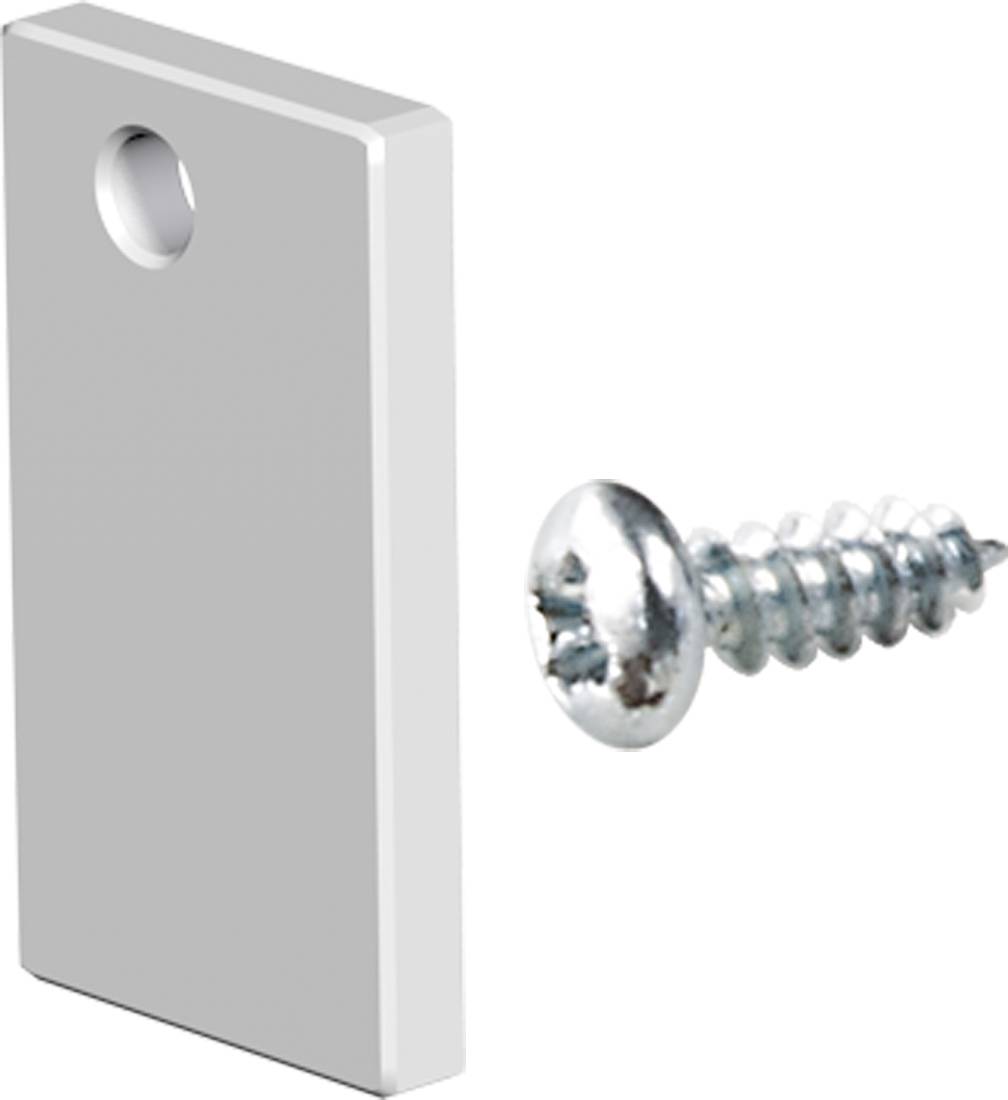 Eine Metallmontageplatte mit einem Loch und einer nahegelegenen Schraube, dargestellt auf weißem Hintergrund.