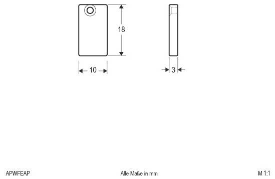 Technische Maßzeichnung eines rechteckigen Anhängers mit einem Loch, dargestellt in Vorder- und Seitenansicht; Größe 10 x 18 mm, 3 mm dick.