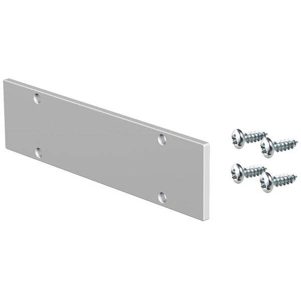 Eine Aluminiumplatte mit vier Löchern neben vier Schrauben, bereit zur Montage oder Befestigung an einer Oberfläche.