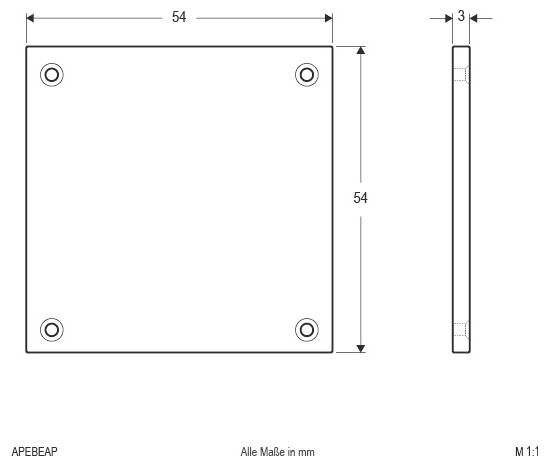Technische Zeichnung eines quadratischen Panels, 54 mm mal 54 mm und 3 mm dick, mit vier Ecklöchern und Seitenansicht zeigt die Dicke.