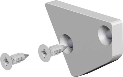 Zwei Silberschrauben, die teilweise in eine dreieckige Metallhalterung mit zwei gebohrten Löchern getrieben sind, zur Veranschaulichung der Schraubeninstallation