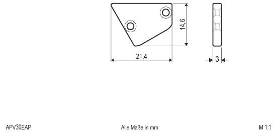 Technische Zeichnung einer dreieckigen Befestigungsplatte mit zwei kreisförmigen Bohrungen, mit den Abmessungen 21,4 mm Breite, 14,6 mm Höhe und 3 mm Dicke.