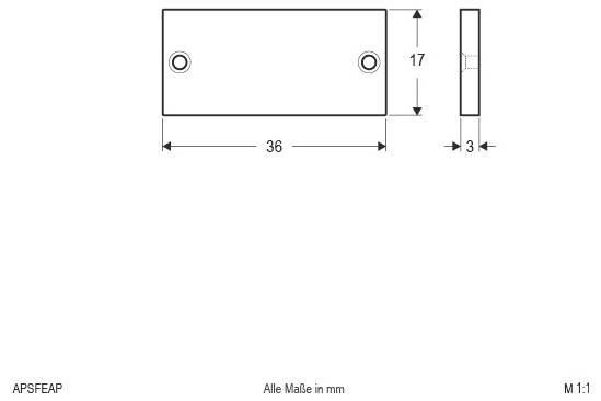 Technische Zeichnung einer rechteckigen Platte mit zwei Schraubenlöchern, die Abmessungen von 36 mm Breite, 17 mm Höhe und 3 mm Dicke zeigt.
