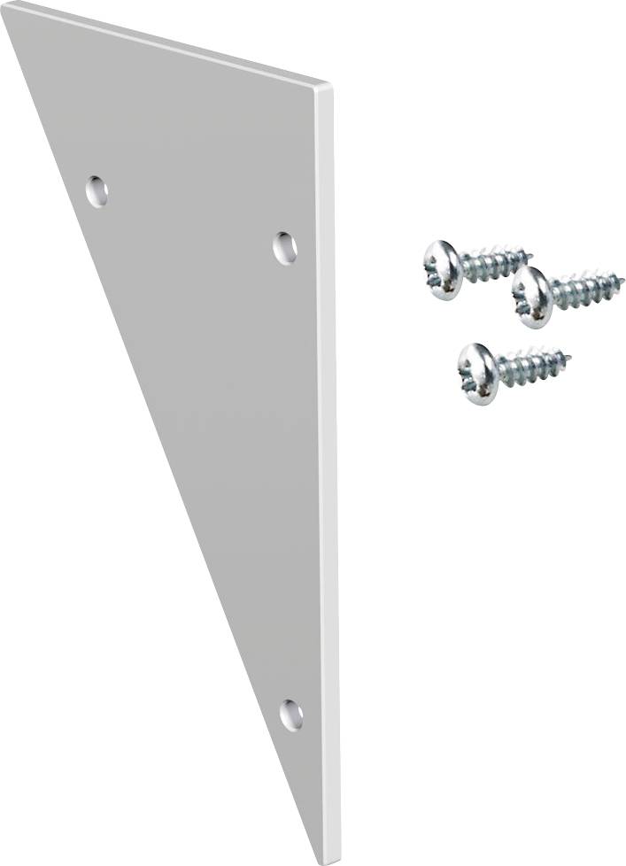 Ein Metalleckenwinkel mit drei Schraubenlöchern, gezeigt neben drei silbernen Schrauben auf weißem Hintergrund.