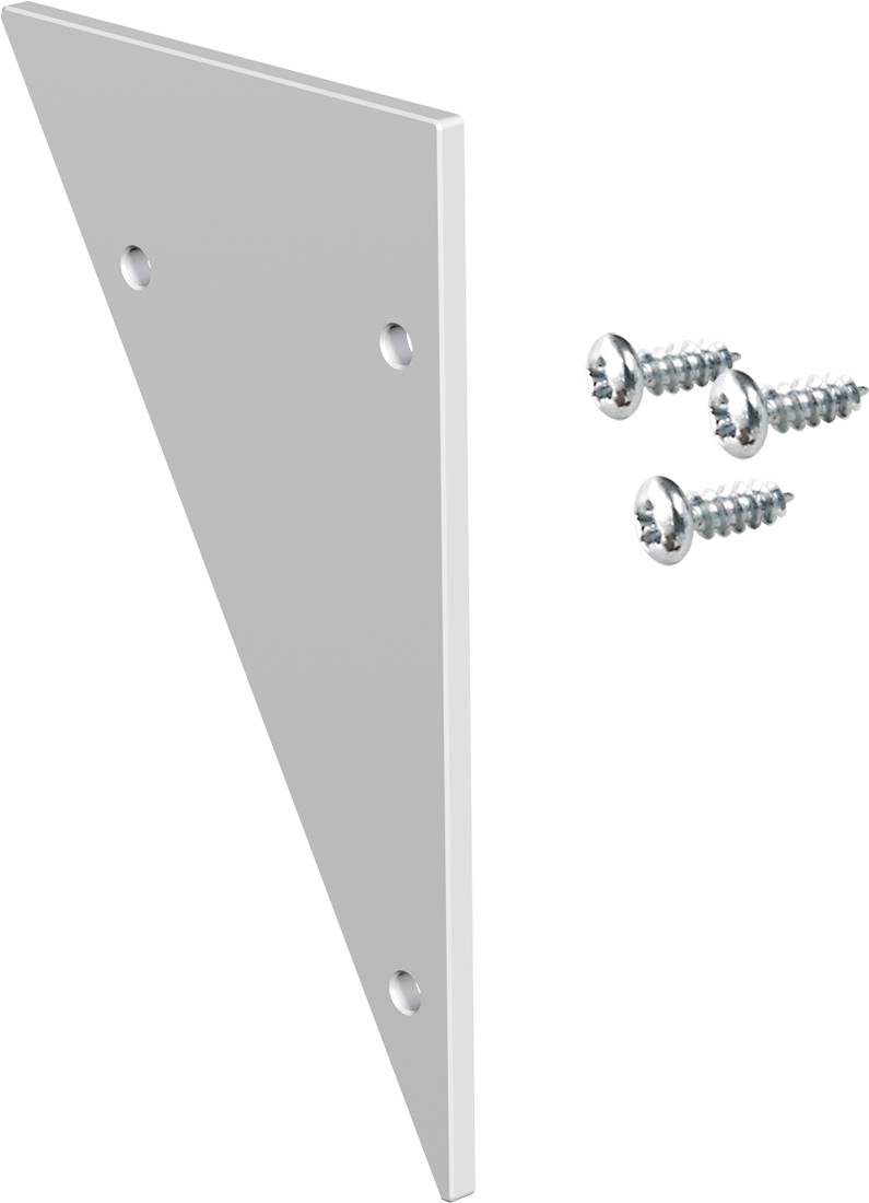 Eine dreieckige Metallmontageklammer mit drei Löchern, abgebildet neben drei silbernen Schrauben auf weißem Hintergrund.