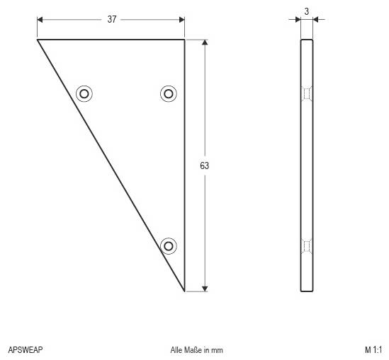 Technische Zeichnung einer dreieckigen Halterung mit drei Bohrungen, gekennzeichnete Abmessungen 37 mm breit, 63 mm hoch und 3 mm dick.