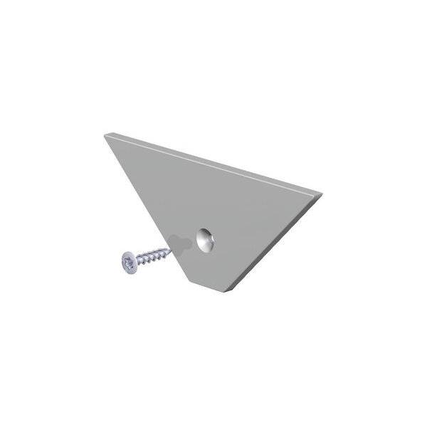 Dreieckige Metallplatte mit einem Schraubenloch in der Mitte, daneben eine einzelne Schraube.