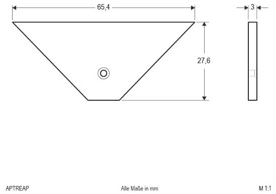 Technische Zeichnung eines trapezförmigen Teils mit zentriertem Loch, zeigt Abmessungen von 65,4 mm Breite, 27,6 mm Höhe und 3 mm Dicke, mit Seiten- und Vorderansicht.