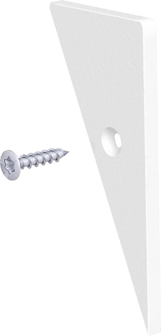 Eine Schraube zeigt auf eine weiße dreieckige Wandverankerungsplatte mit einem Loch, was ein Befestigungs- oder Befestigungsteil anzeigt.