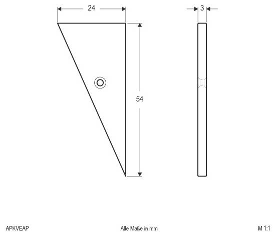 Technische Zeichnung einer dreieckigen Wandhalterung mit einem Montageloch, mit Abmessungen von 24 mm Breite, 54 mm Höhe und 3 mm Dicke.