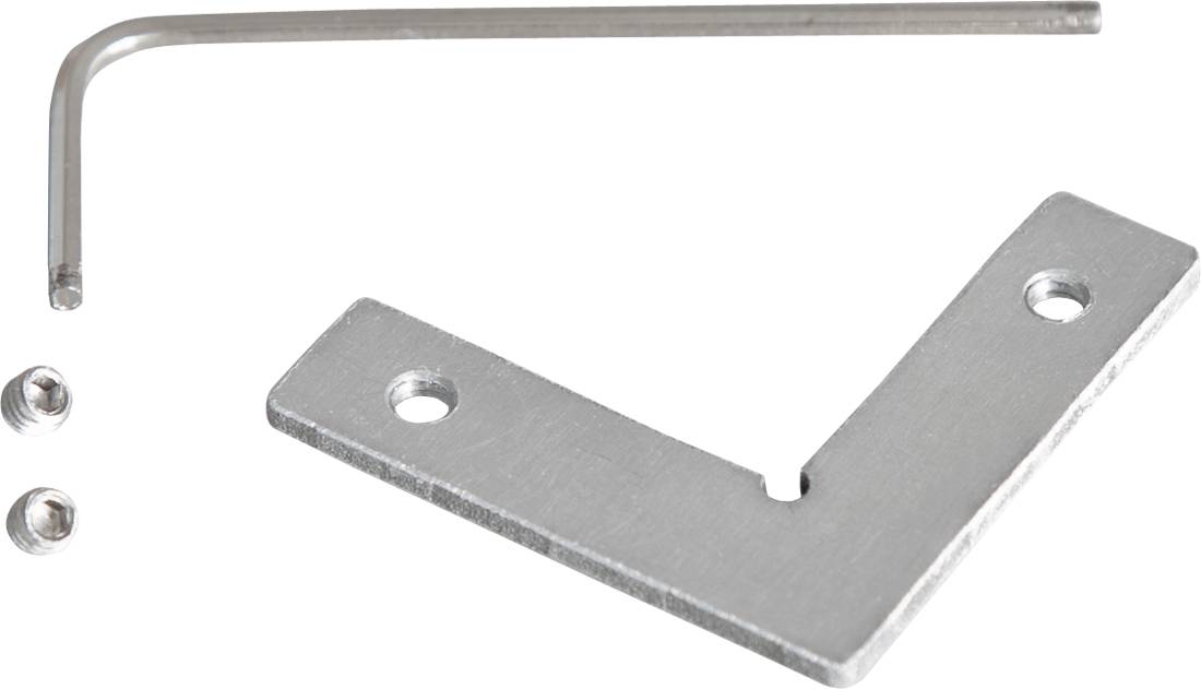 Metallisches L-förmiges Winkelstück mit zwei Schraubenlöchern, einem Inbusschlüssel und zwei Schrauben auf weißem Hintergrund.