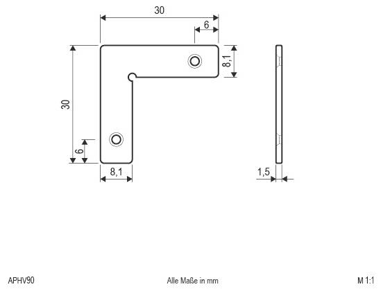 Technische Maßstabszeichnung einer L-förmigen Metallhalterung mit zwei Befestigungslöchern, beschriftet in Millimetern, insgesamt 30 x 30 mm, 1,5 mm dick.