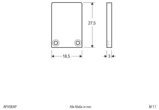 Technische Maßzeichnung einer rechteckigen Platte mit zwei unteren Bohrungen; die angegebenen Maße sind 27,5 mm Höhe, 18,5 mm Breite und 3 mm Dicke.