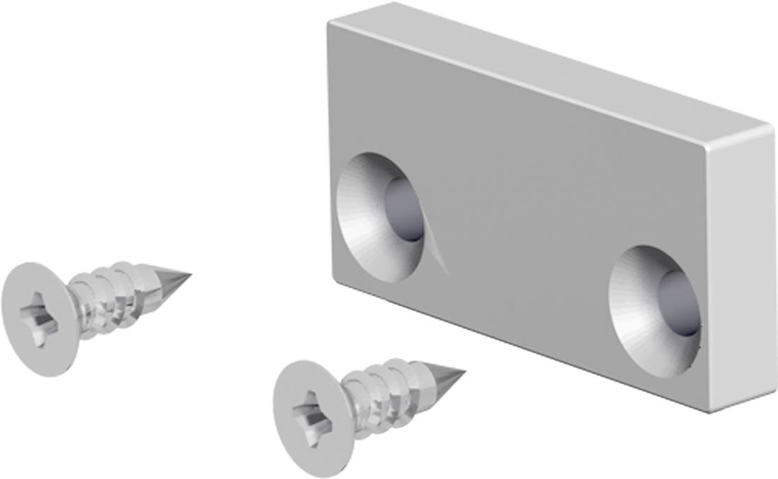 Abbildung einer Metallklammer mit zwei Senklöchern und zwei passenden Schrauben, die zeigt, wie die Schrauben in der Klammer befestigt werden.