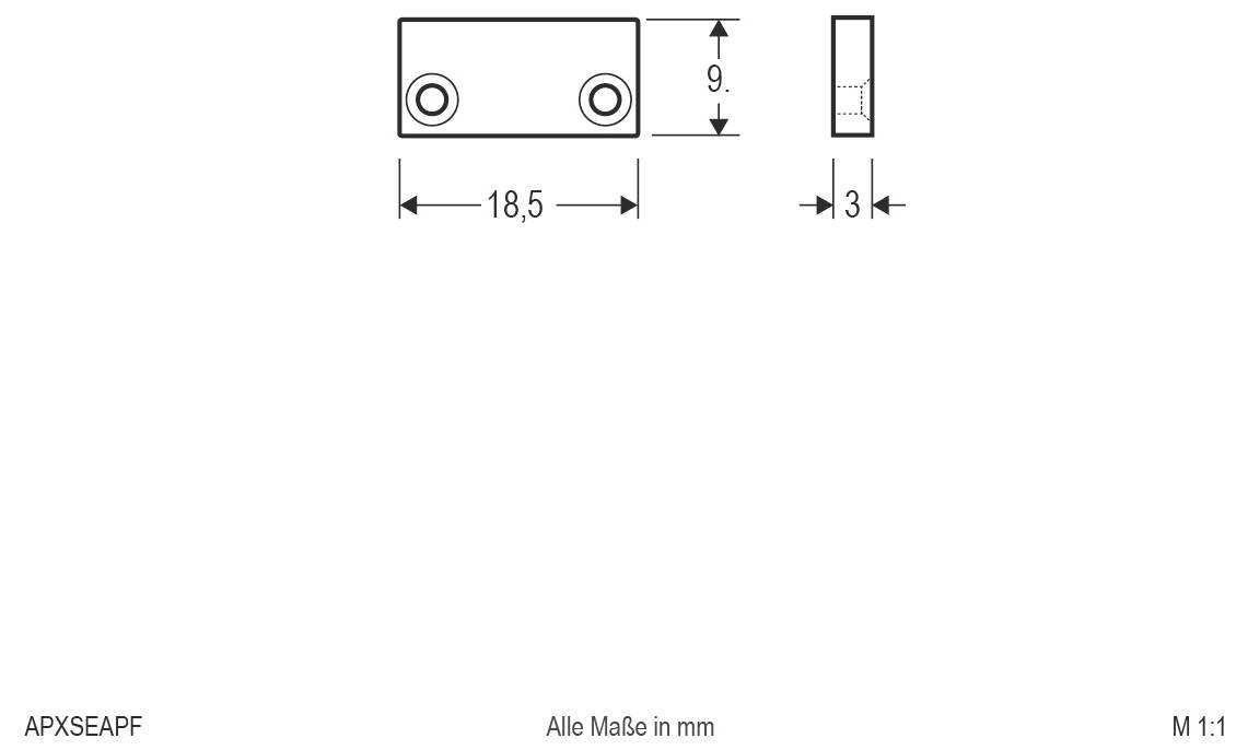 Technische Zeichnung einer rechteckigen Platte mit zwei Bohrungen, beschriftet 18,5 mm breit, 9 mm hoch und 3 mm dick; alle Maße in mm.
