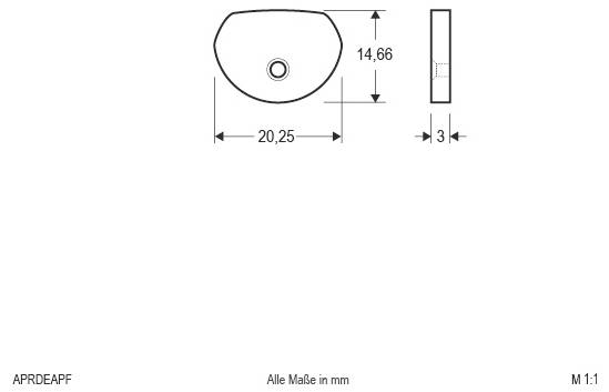 Technische Zeichnung eines abgerundeten Halbovals mit zentralem Loch, mit den Abmessungen 20,25 mm Breite, 14,66 mm Höhe und 3 mm Dicke.
