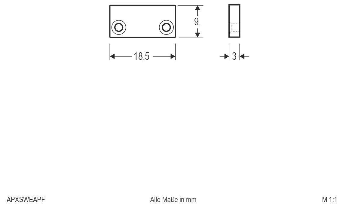 Technische Zeichnung einer kleinen rechteckigen Platte mit zwei Bohrungen, mit den Abmessungen 18,5 mm Breite, 9 mm Höhe und 3 mm Dicke.