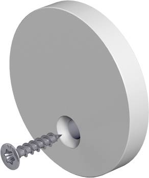 Eine Schraube, die in einen runden grauen Wanddübel oder eine Verankerung getrieben wird, zeigt einen Installations- oder Befestigungsprozess.