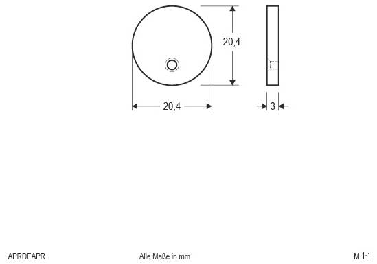Technische Maßzeichnung eines runden Teils: 20,4 mm Durchmesser und 3 mm Dicke, dargestellt in Vorder- und Seitenansicht mit einem kleinen Mittenloch.