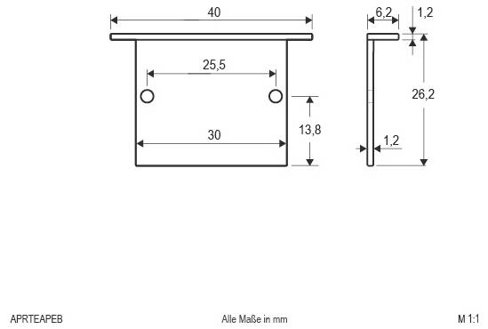 Technische Maßzeichnung einer Metallhalterung oder eines Clips mit Front- und Seitenansicht mit Abmessungen in mm: 40 breit, 26,2 hoch, 6,2 tief und Lochabstand/Breiten.